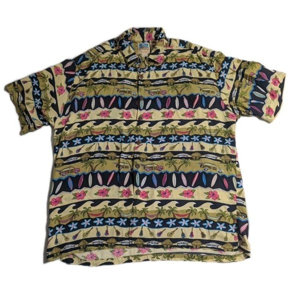 Ron Anderson Kahala Men's XL Hawaiian Shirt Guitars Surfboards Woody Beach Vibes